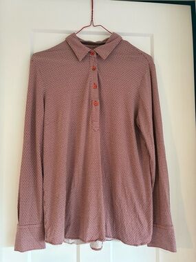 Royal Mer Women’s Long-Sleeve Button up Polo Shirt Red white heart pattern Med